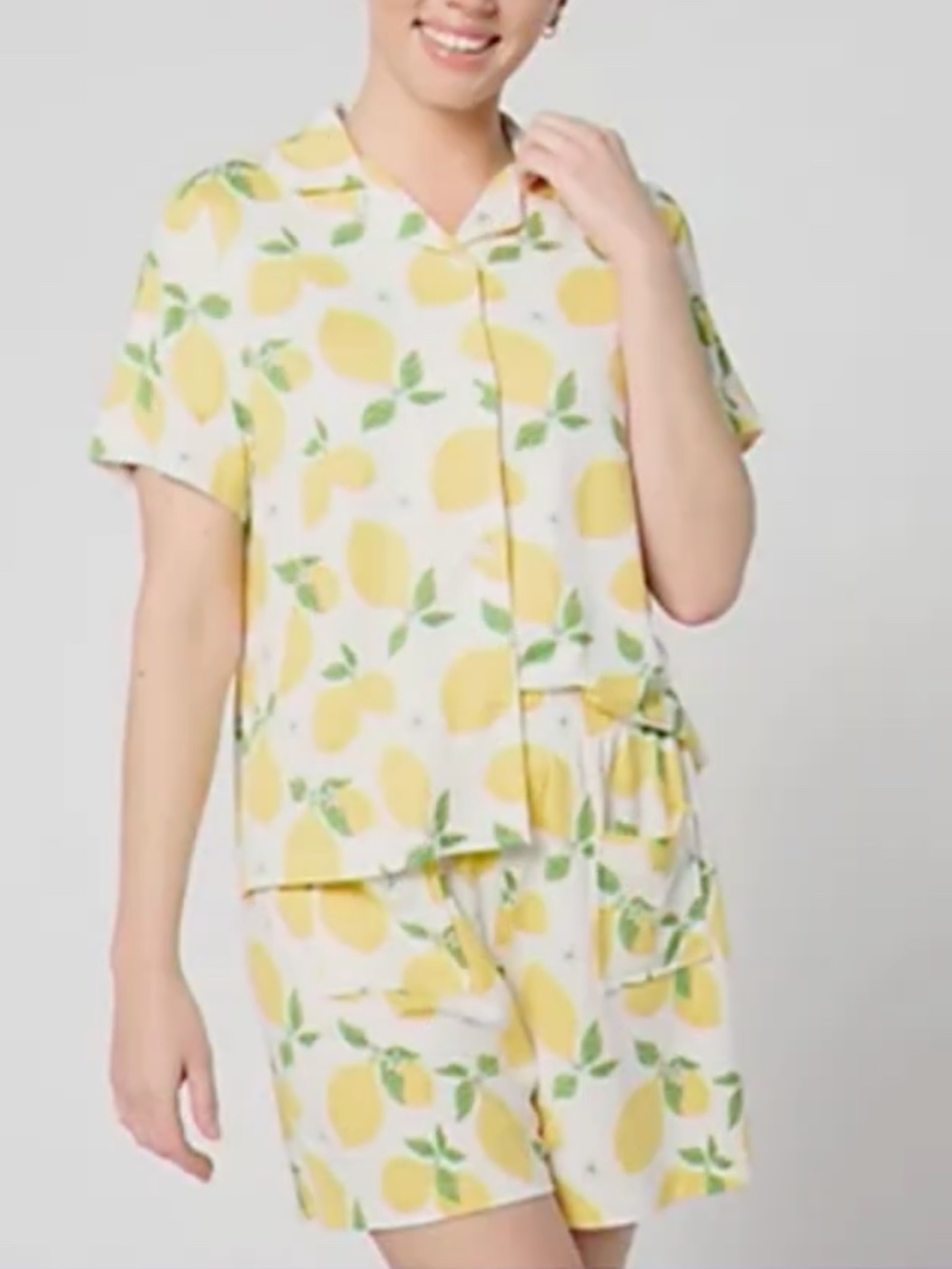 Bumblebella Dreamy Jersey Notch-Collar Pajama Set Lemons NEW